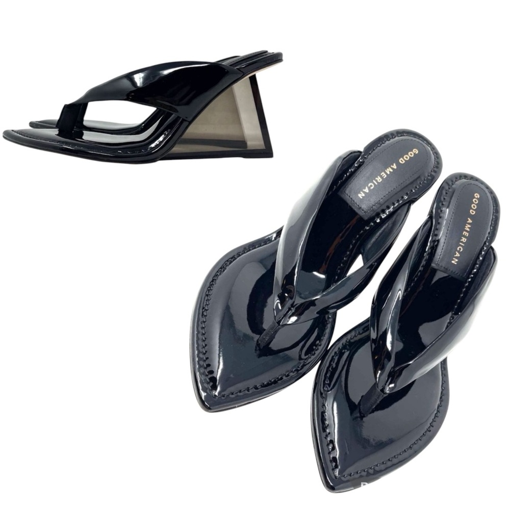 Good American Black Patent Thong Glass Heel Wedges Size 6